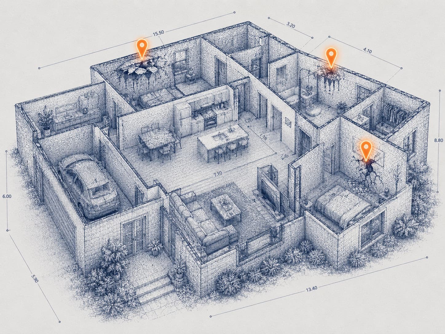 A 3D point-cloud dollhouse model of a home with orange damage markers pinned to affected rooms and dimension lines around the walls