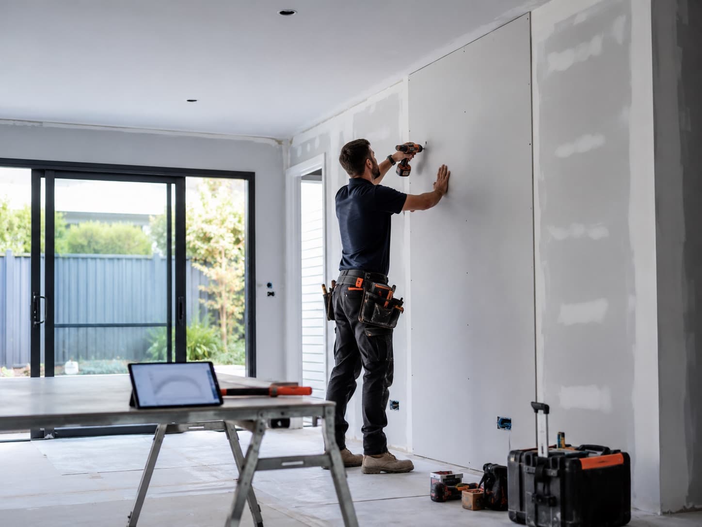 A builder fixes a new plasterboard sheet to a repaired interior wall in a bright, tidy renovation