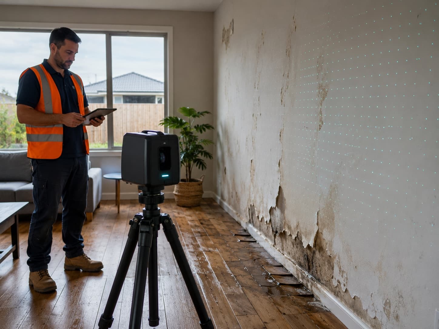 An operator in a hi-vis vest reviews a tablet beside a tripod-mounted 3D scanner in a living room with a water-damaged wall